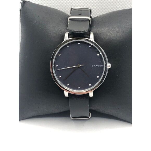 Skagen SKW2582 Women's Black Leather Analog Blue Dial Quartz Wrist Watch OP388 - Picture 1 of 9